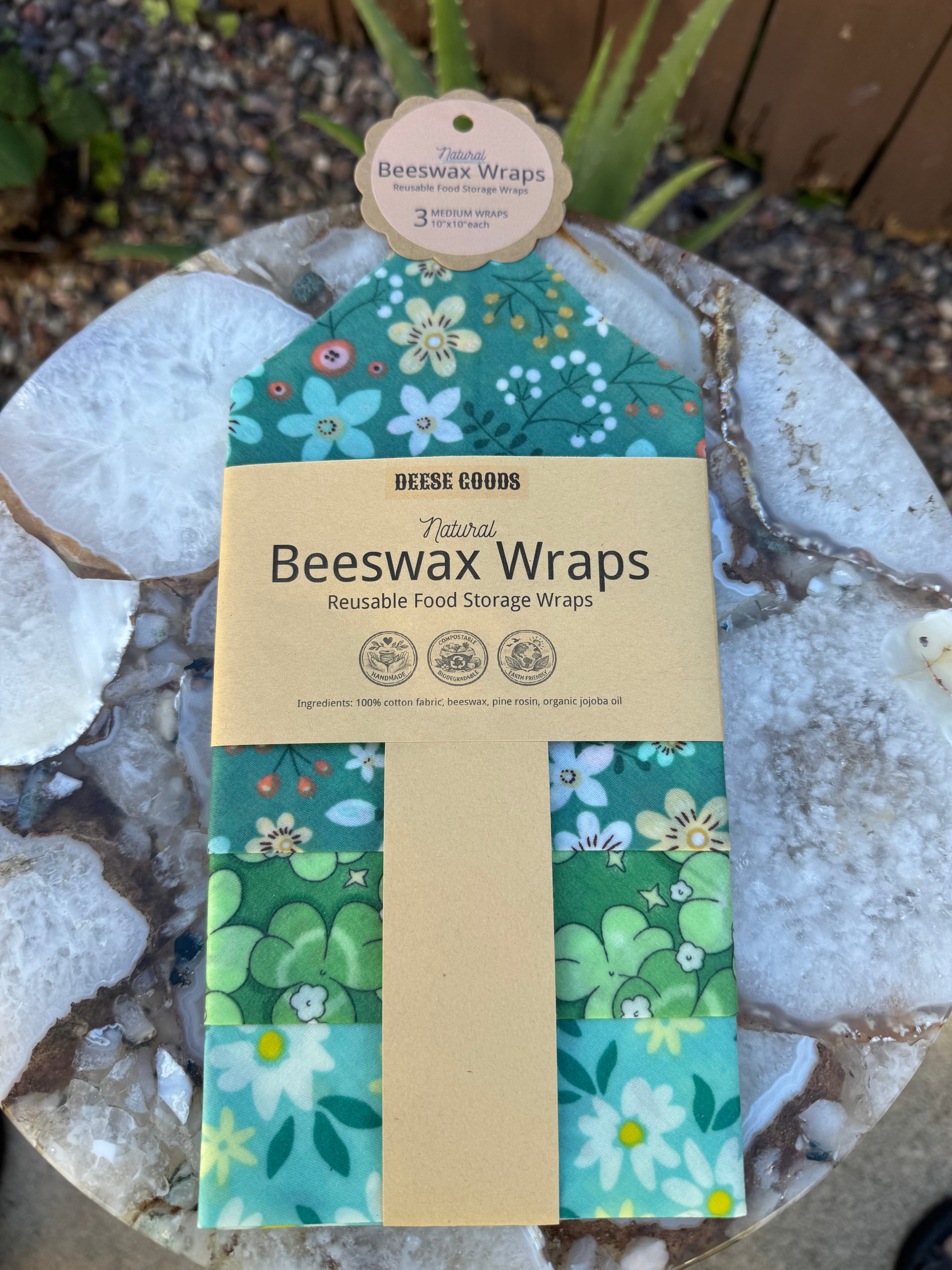 Natural Beeswax Wraps | Reusable Food Storage | Set of 3 Medium