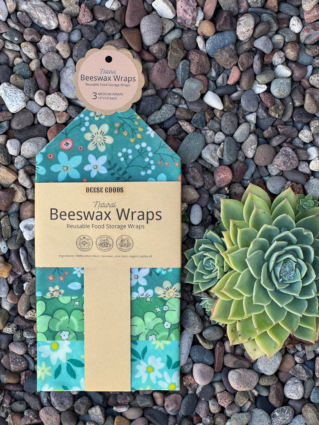 Natural Beeswax Wraps | Reusable Food Storage | Set of 3 Medium